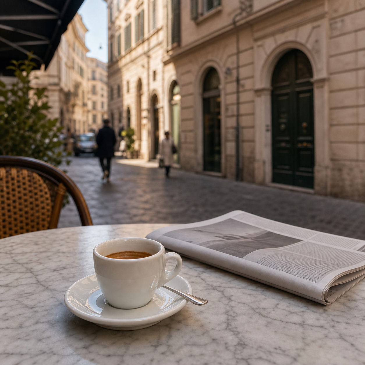 Caffè del mattino su un tavolino di marmo in una strada italiana tranquilla