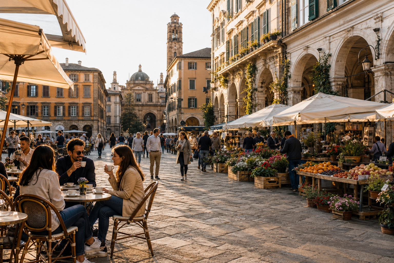 Piazza italiana con mercato locale, tavolini all'aperto e persone in passeggiata