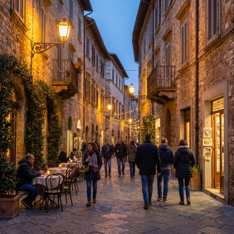 Persone che passeggiano in una strada italiana illuminata al tramonto